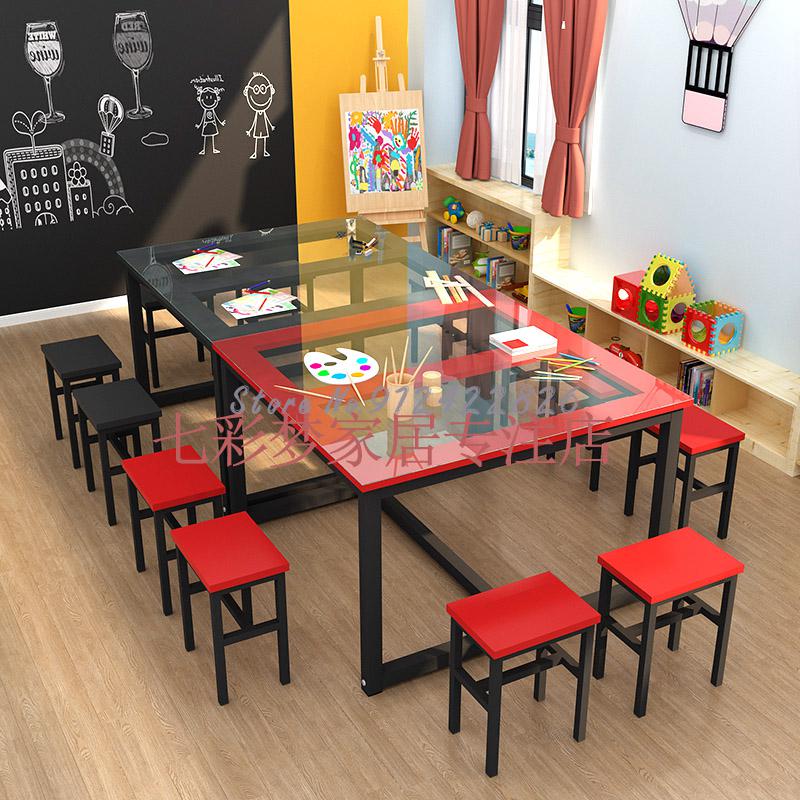 유치원 유리 그림 테이블 아트 테이블 학생 튜토리얼 교육 클래스 책상 의자 수동 서예 스튜디오 테이블
